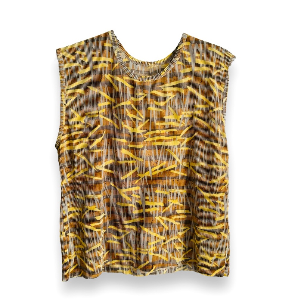 Women's Vintage Plissé Sleeveless Print Top brown & yellow hues - size Small